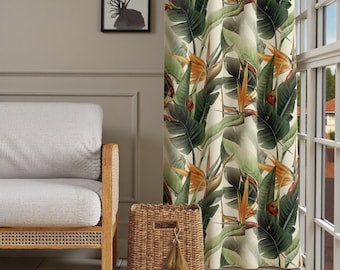 Cortinas con estampado de aves del paraíso tropicales, visillos con hojas botánicas, panel estampado Paradys