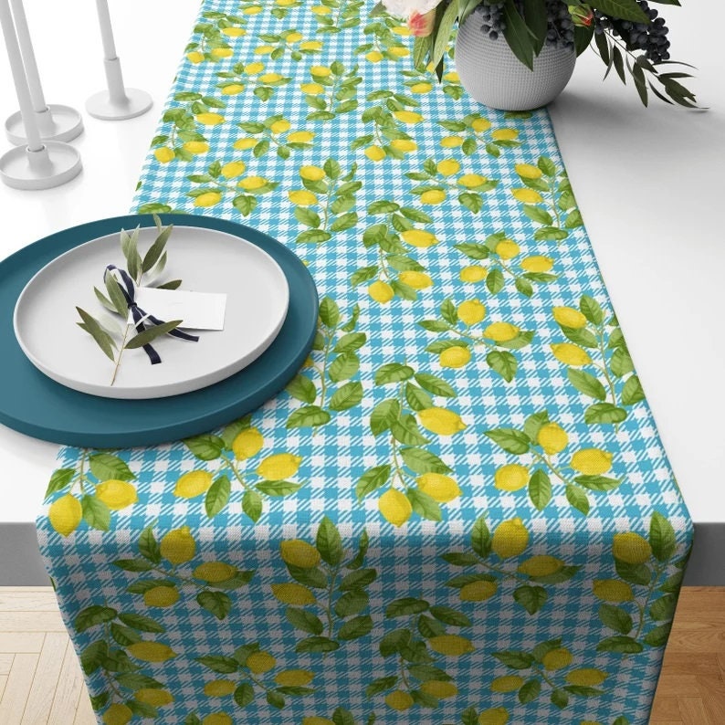 Frühlings-Tischläufer Mit Blumen & Zitronen – 33 × 183 cm, Aus Baumwoll-Leinen