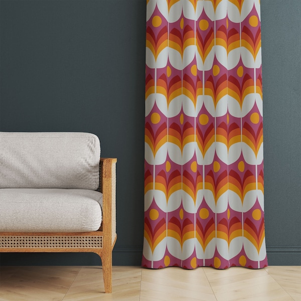 70s Retro Curtain, Retro Boho Curtain Panel, Retro Rod Pocket Curtain, Mid Century Grommet Colorful Curtains