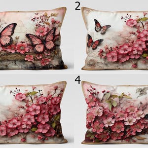 Butterfly Floral Pillow Covers, Pink Cherry Blossom Cushion Covers, Romantic Spring Throw Pillows, Nature Art Decorative Pillowcase