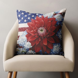 Patriotic Flower Pillow Covers, 4th of July Home Decor, American Flag Floral Throw Pillow, USA Flag Cushion Cover, Memorial Day Pillowcase