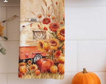 Autumn Camper Pumpkin Tea Towel, Fall Harvest Kitchen Decor, Thanksgiving Hostess Gift