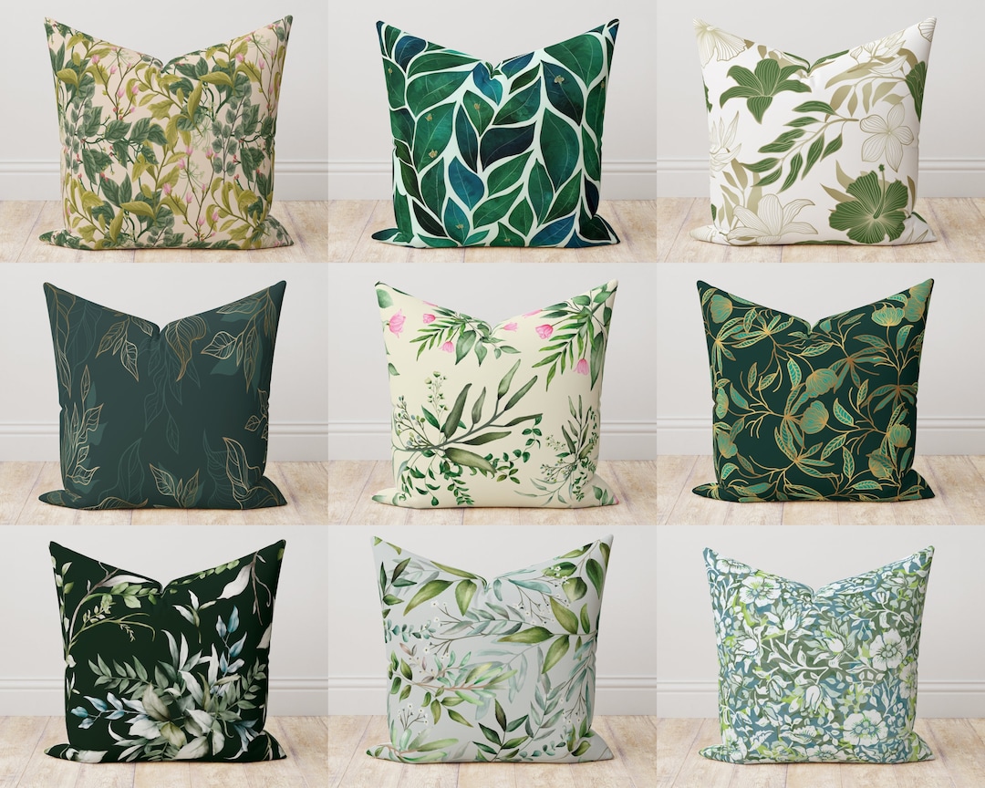 Floral Pillow Cover, Green Leaves Cushion Cover, Floral Leaves Throw