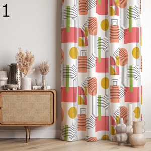 Mid Century Modern Curtains, Retro Geometric Window Panels, Abstract Pattern Drapes, Colorful Boho Living Room Curtains