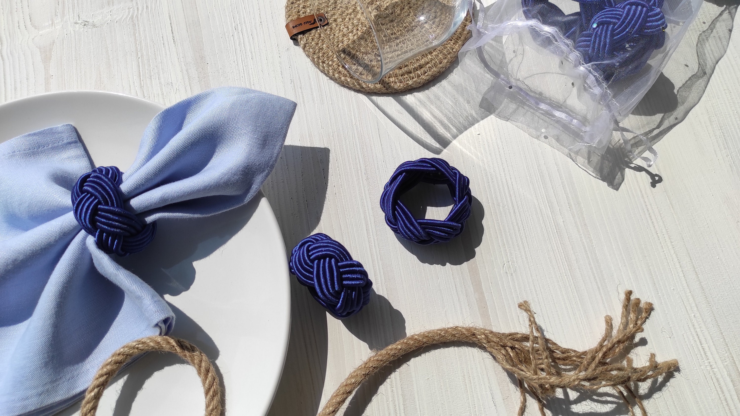 Portatovaglioli con corda blu navy, portatovaglioli a forma di testa di turco, portatovaglioli rustico da marinaio nautico, decorazione da tavolo da spiaggia con nodo da marinaio