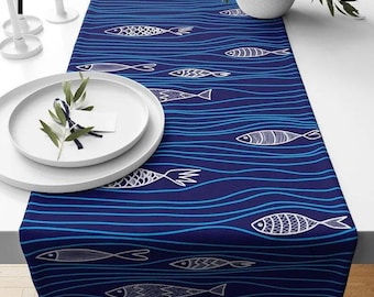 Nautical Table Runner, Coastal Navy Blue Fish Table Runners, Ocean Table Runners, Nautical Beach House Table Runner, Marine Life Runner