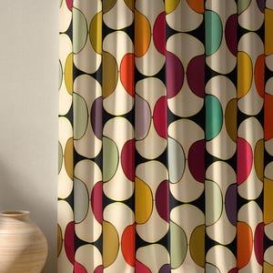 Mid Century Modern Curtain Panel, Retro Geometric Print, 70s Boho Style Window Drapes