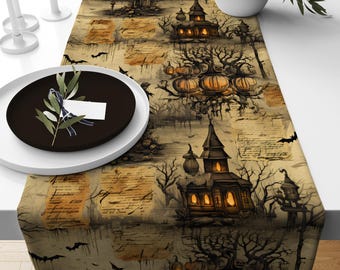 Chemin de table d'Halloween, décoration de table gothique vintage citrouille maison hantée