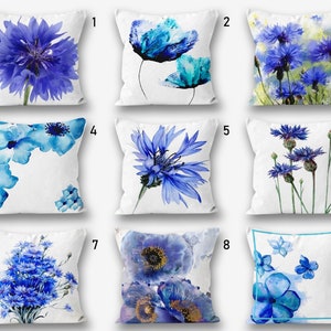 Kussensloop met bloemen, kussensloop bohobloemen, kussen blauwe bloemen, kussen zomerbloemen trend, decoratief kussen, kussen digitale print