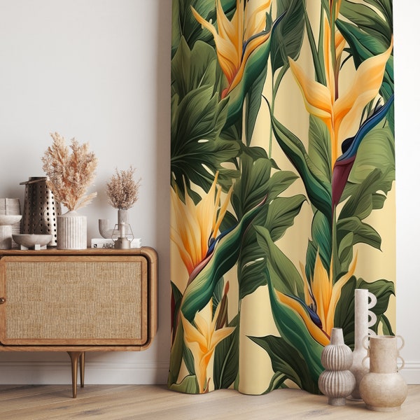 Exotic Leaves and Flowers Curtain, Tropical Leaves Print Curtain, Bird of Paradise Flowers Curtain Panels, Botanical Plants Printed Curtain