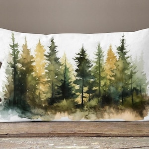 Fodera per cuscino decorativo Foresta di pini nebbiosa, federa per cuscino con paesaggio di foresta di pini, fodera per cuscino con montagne e foresta di pini, fodera per cuscino con paesaggio