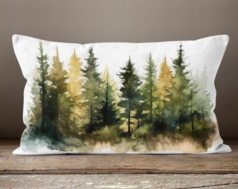 Misty Pine Forest Throw Pillow Cover, Pine Forest Landscape Pillowcase, Mountains Pine Forest Cushion Cover, Landscape Pillow Cover
