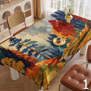 Autumn Landscape Tablecloth, Abstract Fall Leaves Print, Cotton Polyester Blend Table Cover