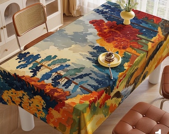 Abstract Fall Leaves Tablecloth, Autumn Landscape Table Cover