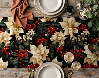 Christmas Poinsettia Table Runners, Black Holiday Table Runner, Red Berry Xmas Table Decor