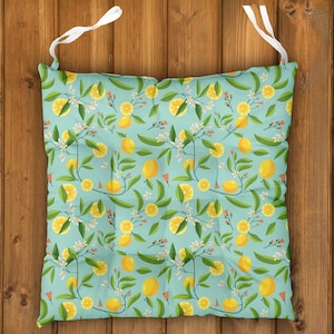 Lemon Chair Cushions, Fresh Citrus Seat Pads, Outdoor Patio Cushions, Mediterranean Themed Chair Pads, Yellow Floral Chair Cushions