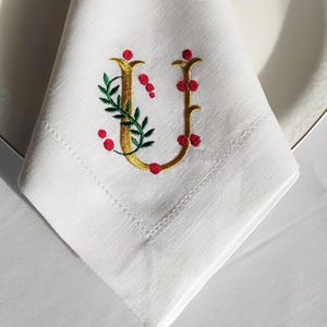 Personalized Christmas Napkins, Holly Misletoe Linen Napkins, Xmas Linen Napkins, Holly Monogrammed Linen Napkins