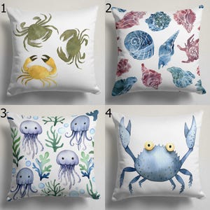 Fundas de almohada con temática marina costera, funda de cojín con cangrejo, medusa y concha, funda de cojín náutica oceánica, funda de almohada decorativa para habitación infantil