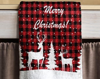 Christmas Plaid Towels, Xmas Winter Tea Towel, Buffalo Plaid Print Hand Towels, Christmas Tree Tea Towels, Red Xmas Plaid Kitchen Towels