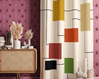 May include: A floor-length curtain featuring a cream-colored fabric with a geometric pattern of thin black lines connecting solid rectangular blocks in shades of mustard yellow, light yellow, orange, dark red, black, green, and light blue.