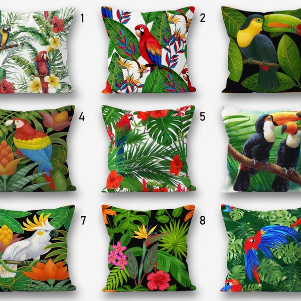 Tropical Colorful Parrot Birds Pillow Cover, Colorful Parrot Pillow Case, Exotic Parrot Cushion Cover, Botanical Birds Design Pillowcases