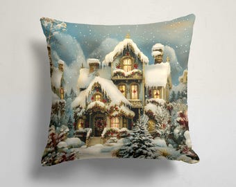 Snowy Christmas House Pillow Cover, Winter Holiday Cushion Covers, Vintage Christmas Home Decor