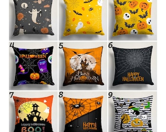 May include: Nine decorative Halloween-themed throw pillows. Designs include ghosts, bats, spiders, pumpkins, haunted houses, and the text "Happy Halloween" and "BOO". Pillows are in various colors, including black, orange, yellow, and gray.