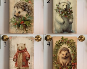 Christmas Hedgehog Tea Towel, Xmas Polar Bear Tea Towels, Cute Hedgehog Dish Towels, Christmas Polar Bear Dish Towel, Xmas Animals Tea Towel