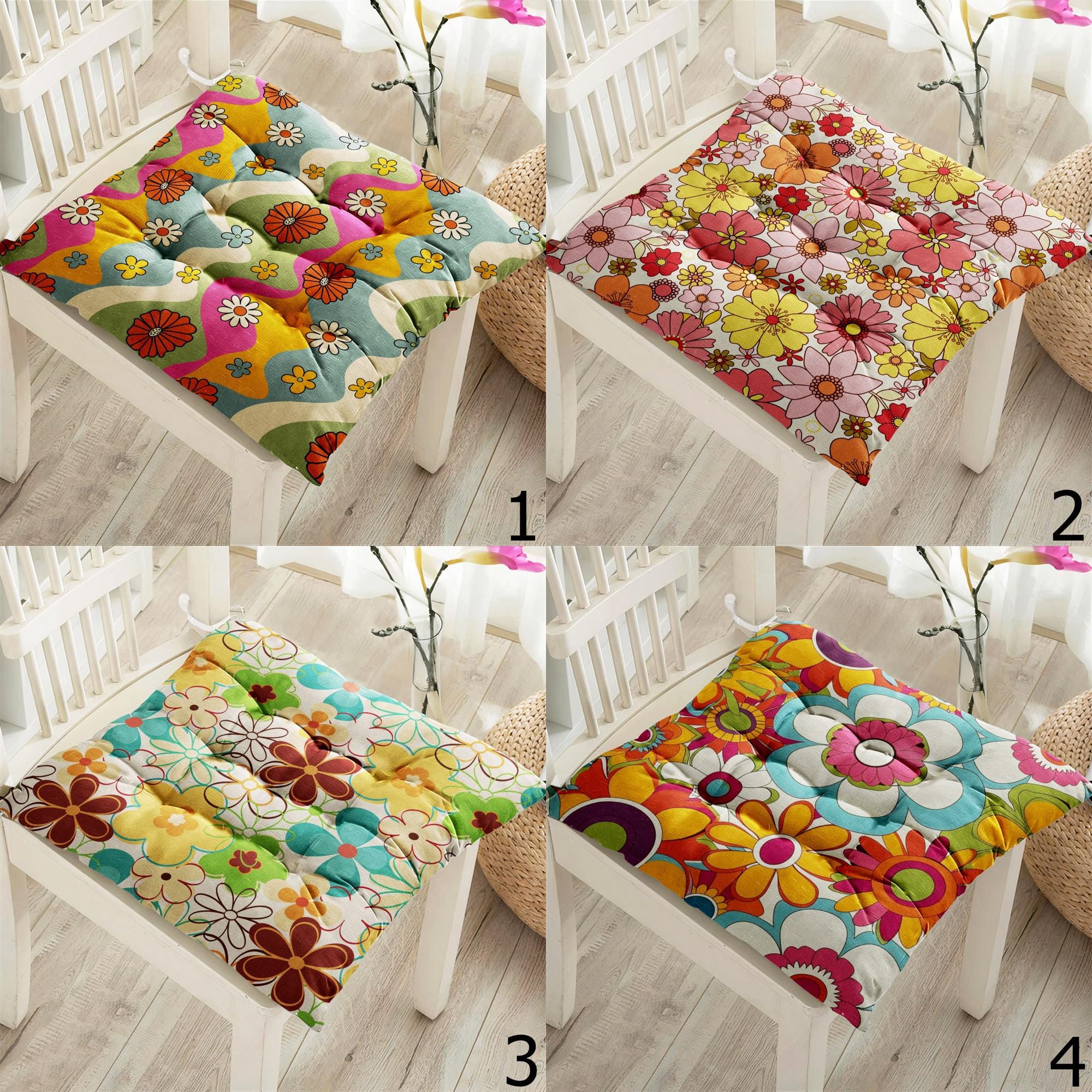 Retro Floral Chair Pads, 70s Style Colorful Seat Cushions, Boho Flower Power Chair Cushions, Hippie Flowers Kitchen & Patio Pillows