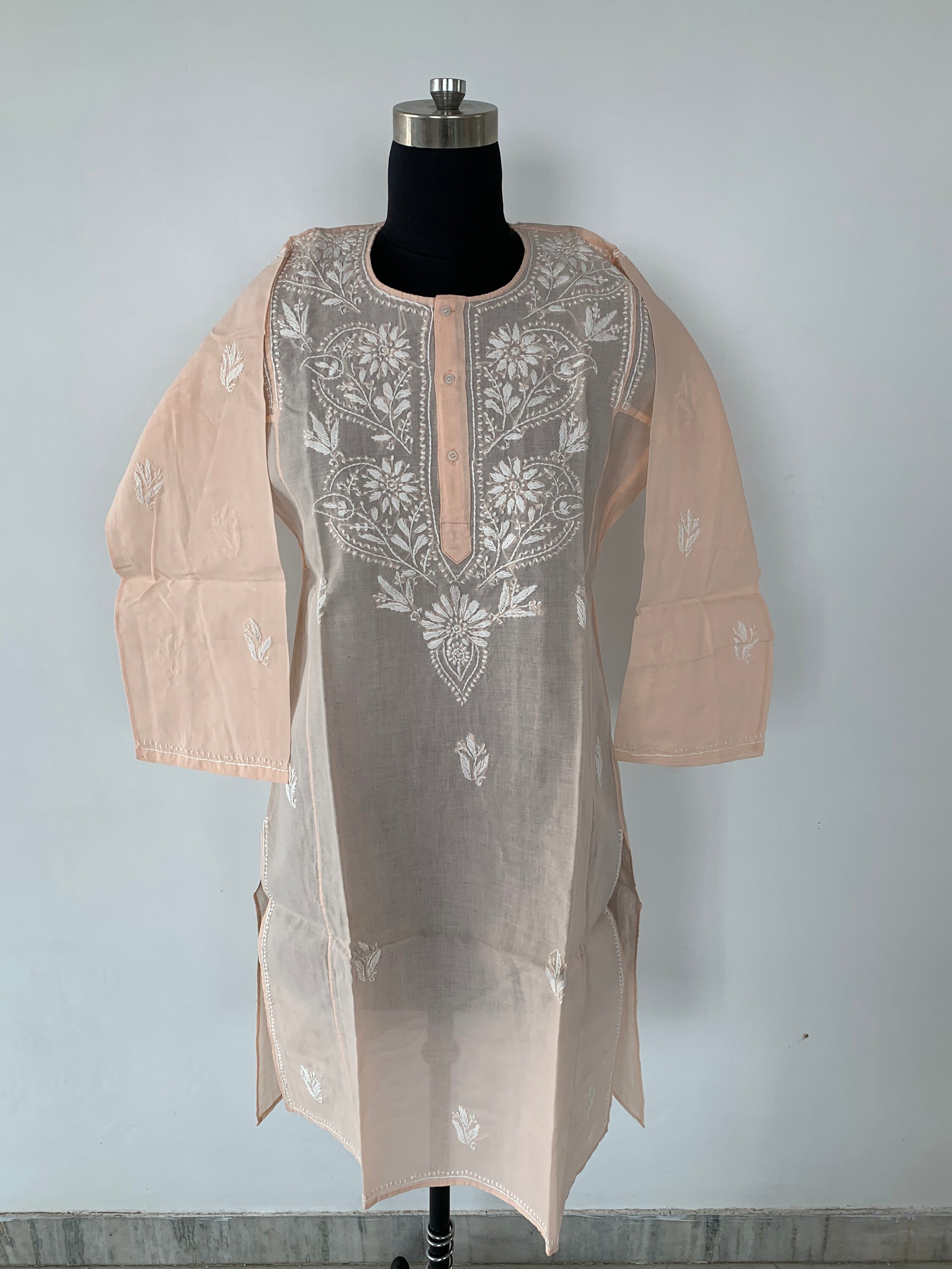 Red Thread Embroidered Cotton Tunic With Mirror work & Buttons