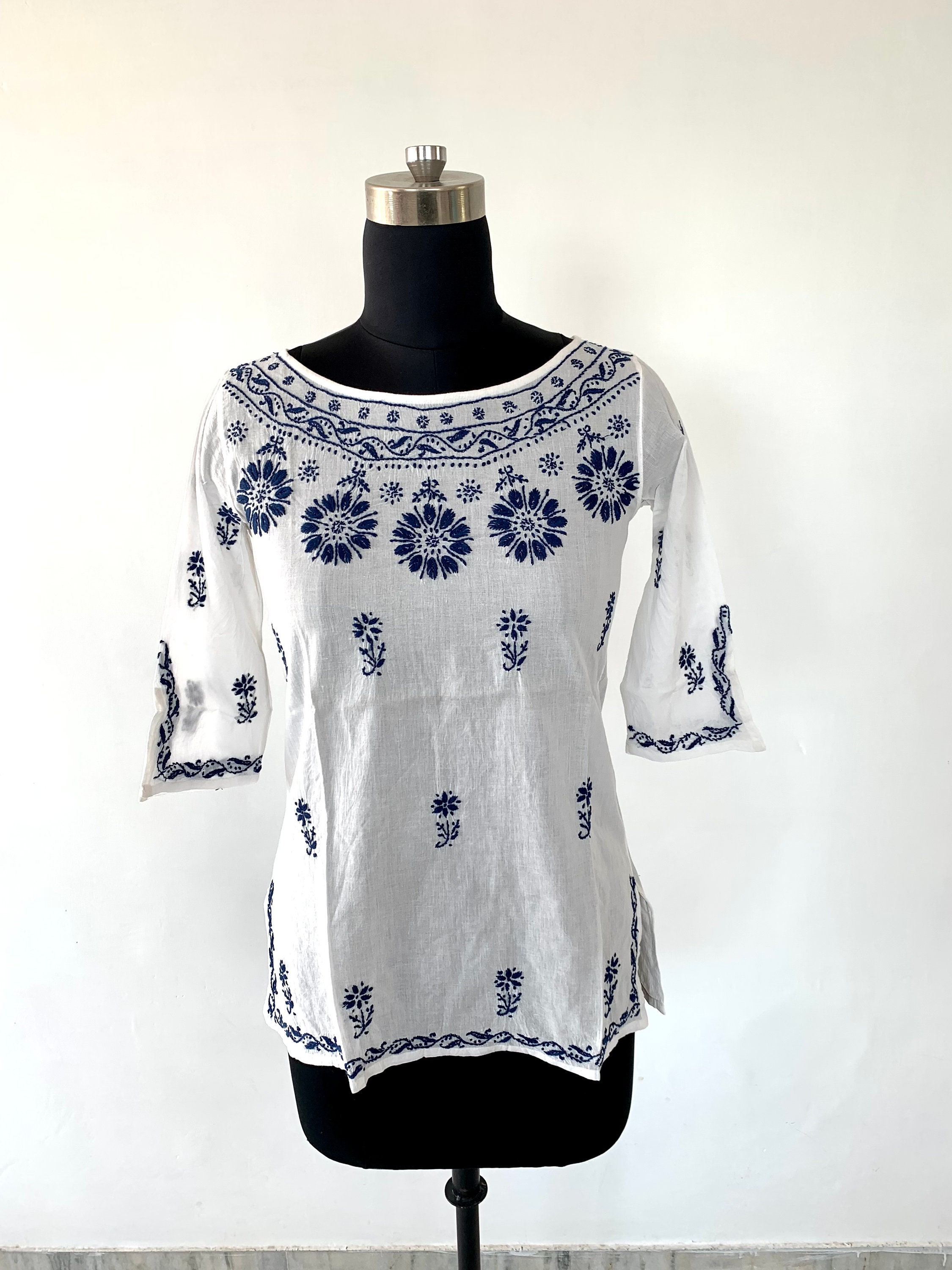 Women Cotton Off White Embroidered Tunic