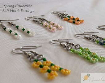 Spring Pastel Flower Hook Earrings: Seed Bead Daisy Chain, Fishhooks, Handmade Jewelry