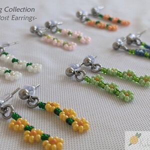 Spring flower post earrings | Pastel rainbow daisy chain seed bead | Dangle ballpost stud | Handmade gift for them | Spring collection