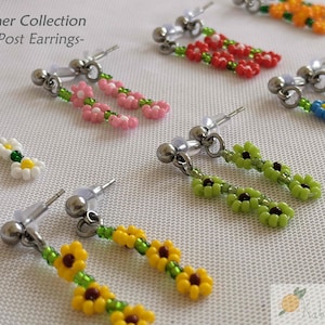 Summer flower post earrings | Rainbow daisy chain seed bead | Dangle ballpost stud | Handmade gift for them | Summer collection