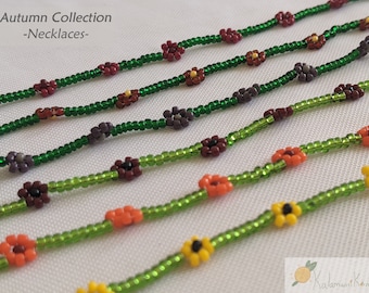 Autumn Earthy Flower Necklace: Seed Bead Daisy Chain, Adjustable Handmade Jewelry
