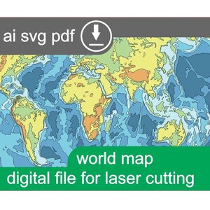 May include: A digital file for laser cutting a world map. The map is in shades of blue, green, yellow, and orange. The file is available in CDR, AI, SVG, and PDF formats.