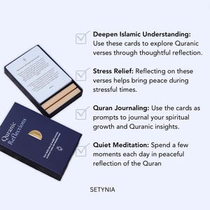 Puede incluir: Una caja azul con las palabras "Quranic Reflections" en la parte delantera. La caja contiene una baraja de cartas con versos cor&aacute;nicos. La caja est&aacute; sobre una superficie blanca. El texto en la caja dice "Your daily dose of peaceful serenity.  Quranic Reflections Cards". El texto en la superficie blanca dice "Deepen Islamic Understanding: Use these cards to explore Quranic verses through thoughtful reflection. Stress Relief: Reflecting on these verses helps bring peace during stressful times. Quran Journaling: Use the cards as prompts to journal your spiritual growth and Quranic insights. Quiet Meditation: Spend a few moments each day in peaceful reflection of the Quran. SETYNIA"