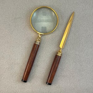 Handcrafted Turned Walnut Wood Desk Set, Magnifying Glass and Letter Opener