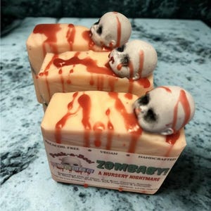 Handcrafted Zombaby Soap: Peach Scent, Zombie Doll Embeds, Vegan (approx. 5 oz)