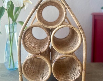 Vintage Rattan Wicker Bamboo 5 Bottle Wine Rack, Wine Holder, Natural Fiber Storage