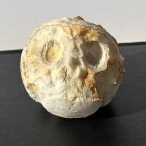 Primitive Hand Carved Alabaster Round Owl Head Sculpture - Vintage, Rustic Abstract Marble Stone Art Object, Animal Figurine Paperweight