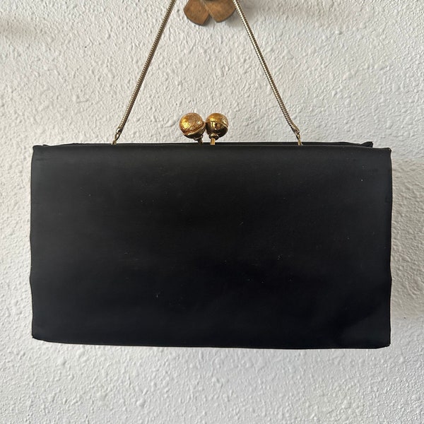 Vintage After Five by L & M Classic Black Satin Clutch Purse with Oversized Gold Ball Kiss Lock Clasp - Mid Century Handbag