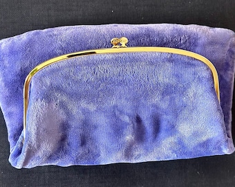 1960's Purple Velvet Coblentz Original Fold Over Clutch Purse with Gold Metal Frame, Kiss Lock Closure