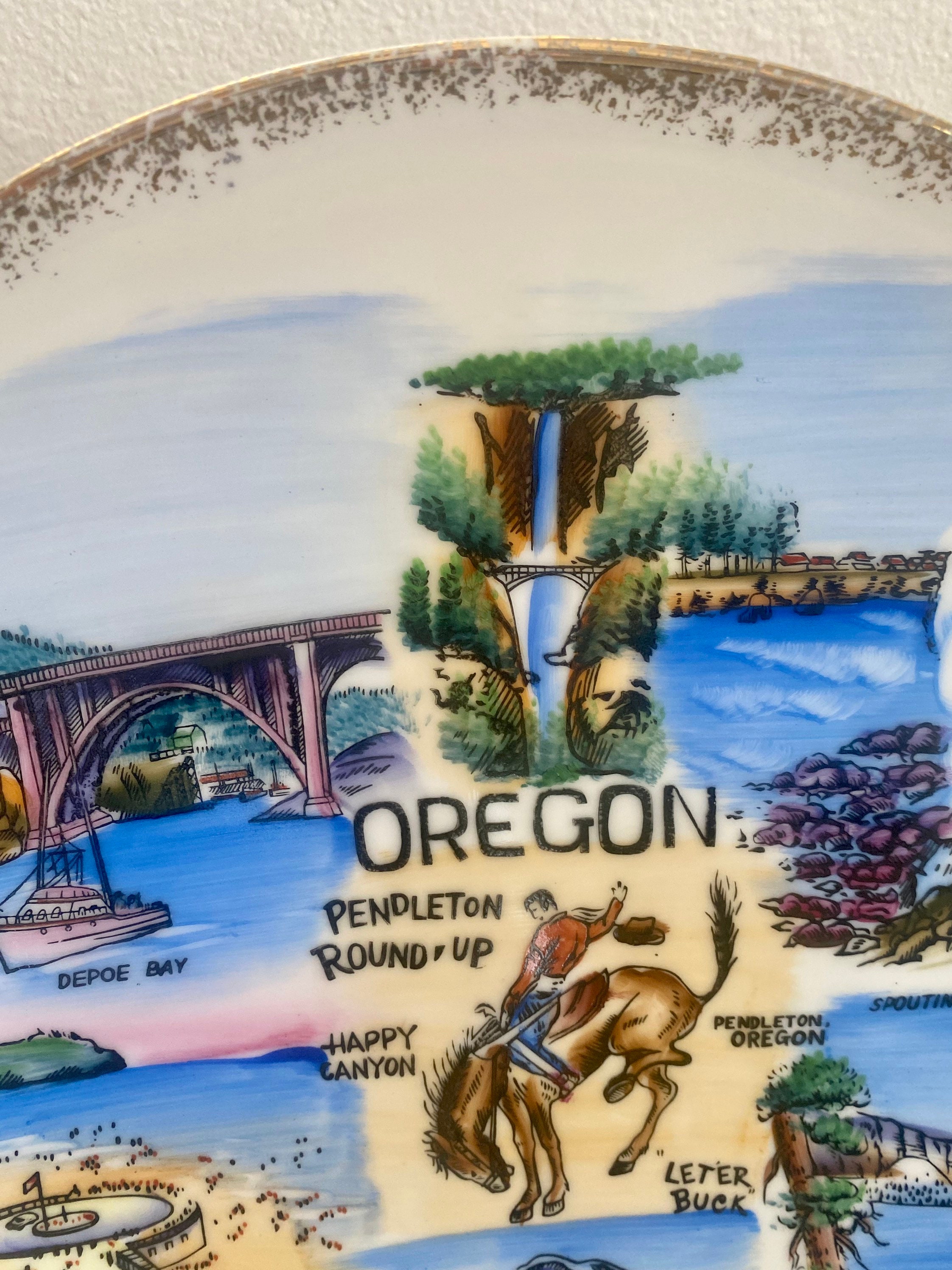 Vintage Oregon Souvenir State Plate 10 Illustrated Etsy