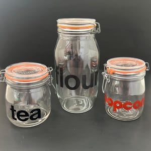 Vintage 1970s Glass Canister – French Wire Bale Lid, Typography Kitchen Storage Jar