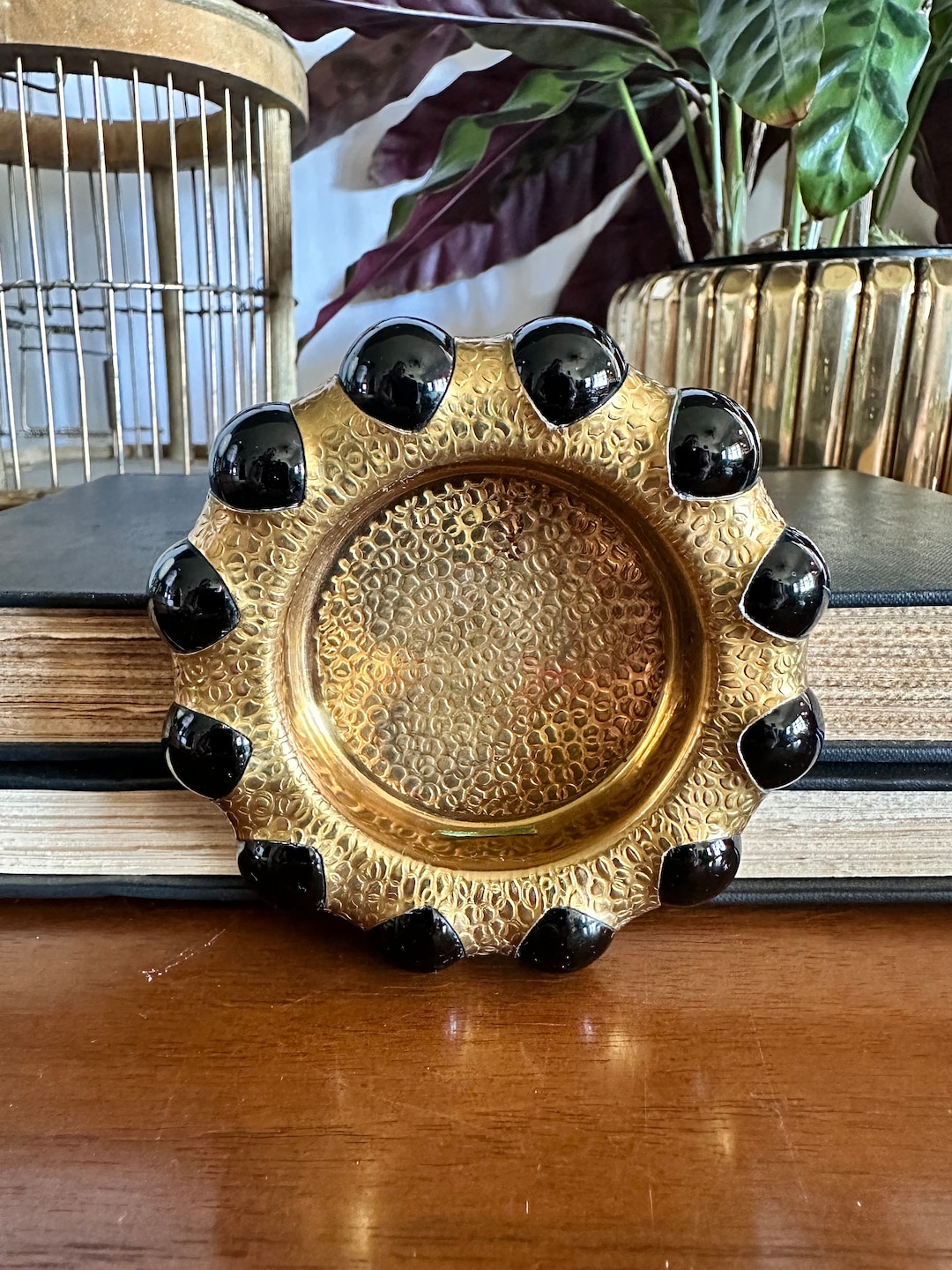 1930's Fisher Jewel Tray Black Opaque Marble Border Gold Hammered Brass