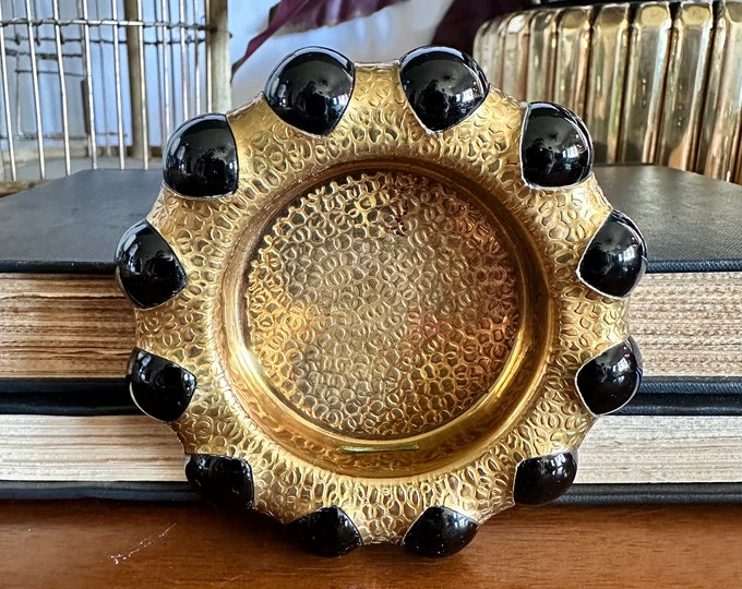 1930's Fisher Jewel Tray Black Opaque Marble Border Gold Hammered Brass