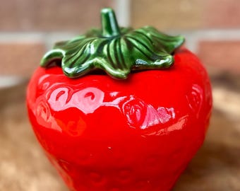 Vintage House of Webster Strawberry Canister / Cookie Jar – 1960s Ceramic Fruit Jar – Made in Texas – Red & Green Strawberry Kitchen Decor