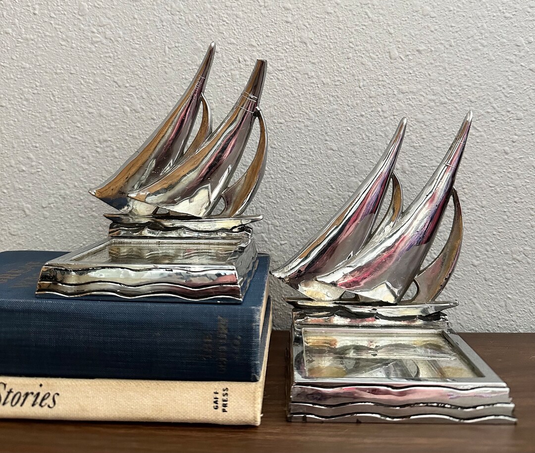 Vintage Chrome Sailboat Bookends With Mirrored Trinket Dish Base Silver Nautical, Sailing, Boat