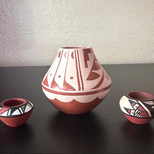 Signed Jemez Pueblo Pottery Seed Jar + Two Miniature Polychrome Pots | Native American Hand-Coiled Ceramics | 3-Piece Collection